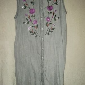 Gray Sleeveless Floral Embroidered Shirt Dress